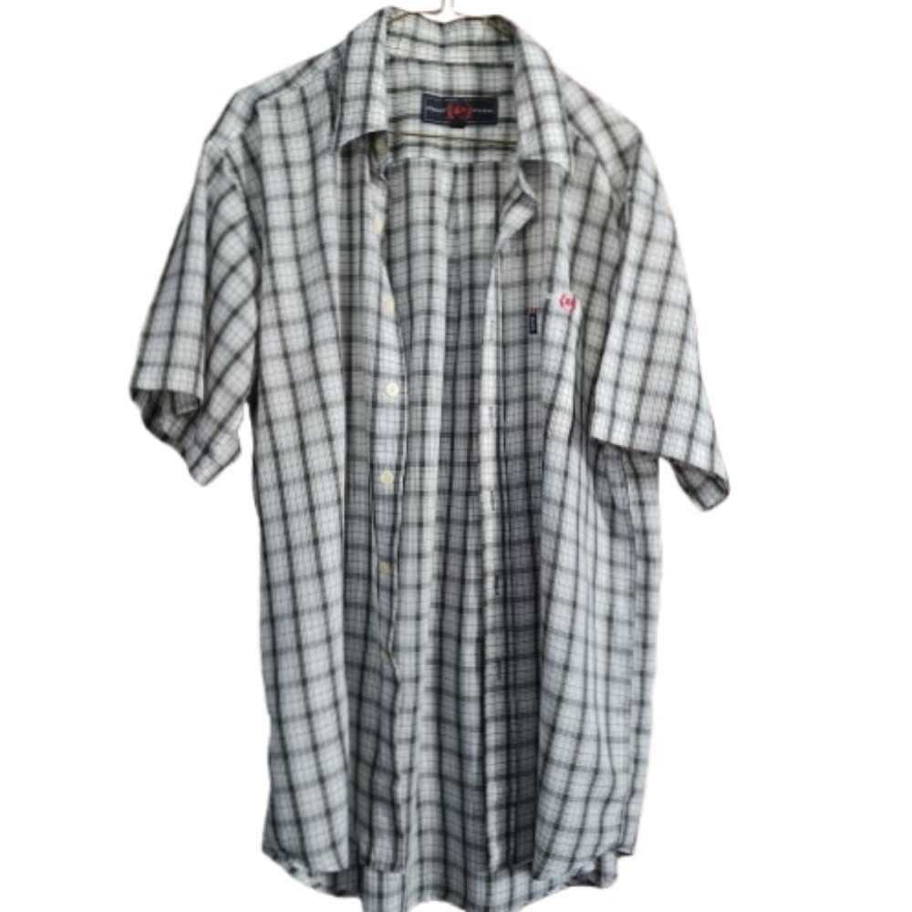 Mens XL Phat Farm Light Academia Gray & White Plaid Short Sleeve Button Shirt